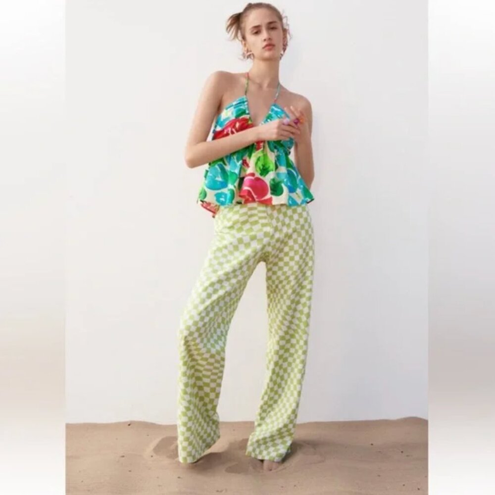 Linen wide leg checkered pants